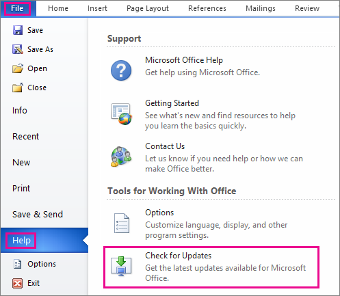 Checking for updates in Office 2010