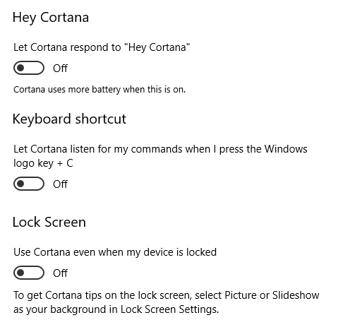 Cortana option Off