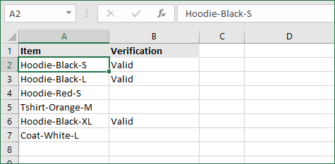 =IF(AND(ISNUMBER(SEARCH("hoodie",A2)),ISNUMBER(SEARCH("black",A2))),"Valid ","").