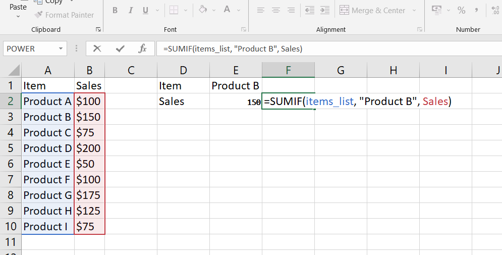 Then, when you want to calculate the total sales for a specific item, you can use the SUMIF formula and supply the names instead of cell references.