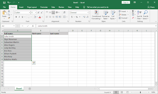 separate first name and last name in excel using the columns funciton