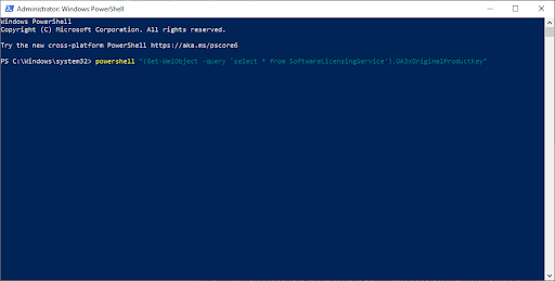 powershell "(Get-WmiObject -query ‘select * from SoftwareLicensingService’).OA3xOriginalProductKey"