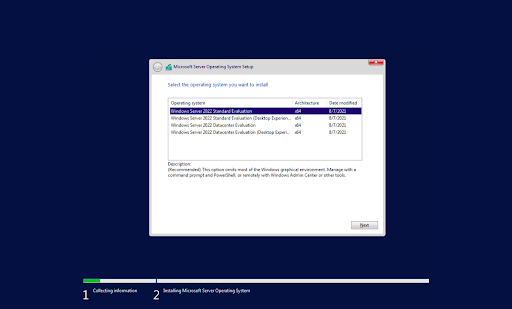 Select the edition of Windows server 2022 you want to install
