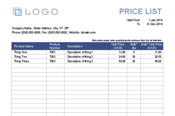 price list template