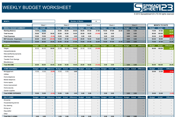 weekly budget worksheet