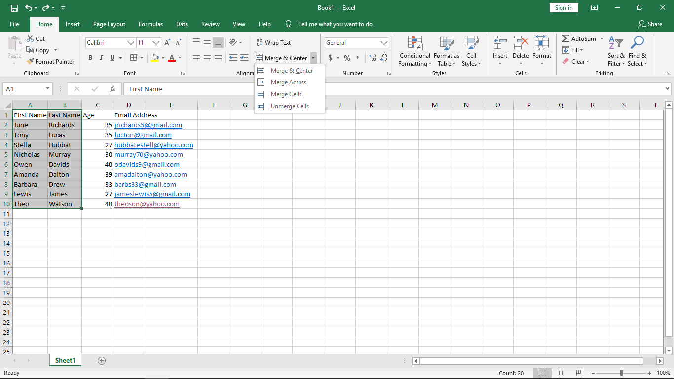 How to merge cells in excel