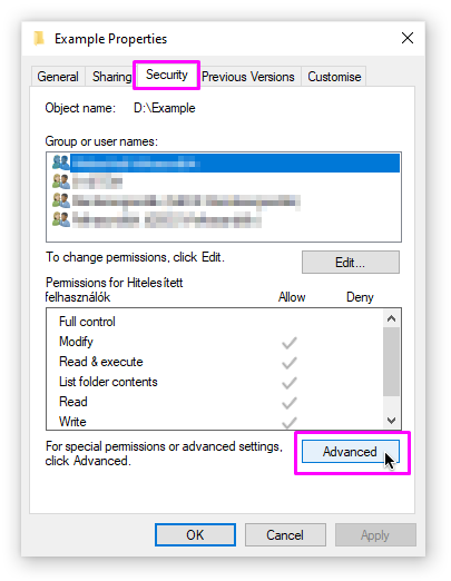 Security settings tab