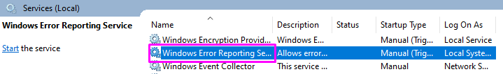 Windows error reporting service